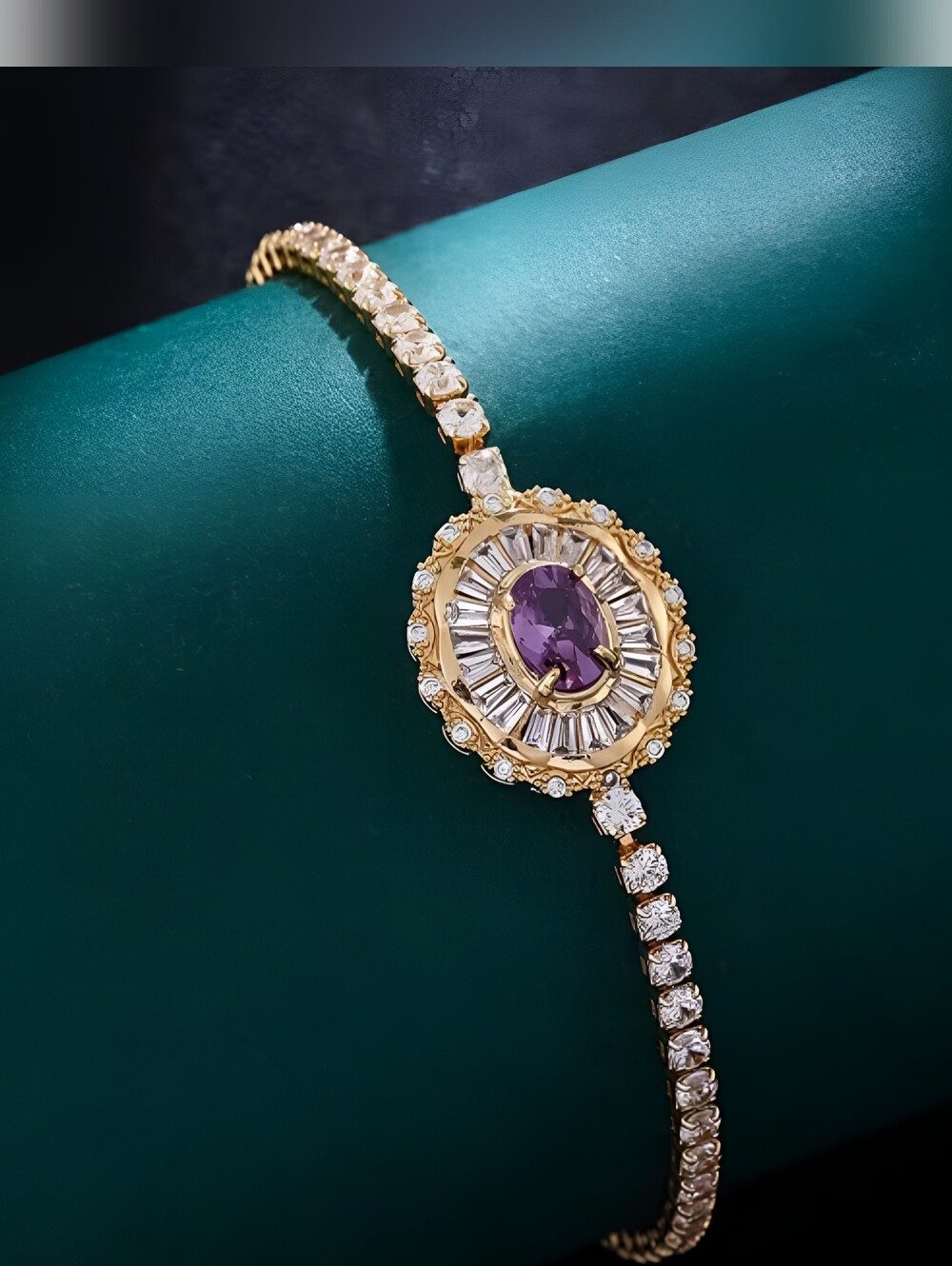 Exquisite Amethyst tennis bracelet w/extender, 14k Gold plating